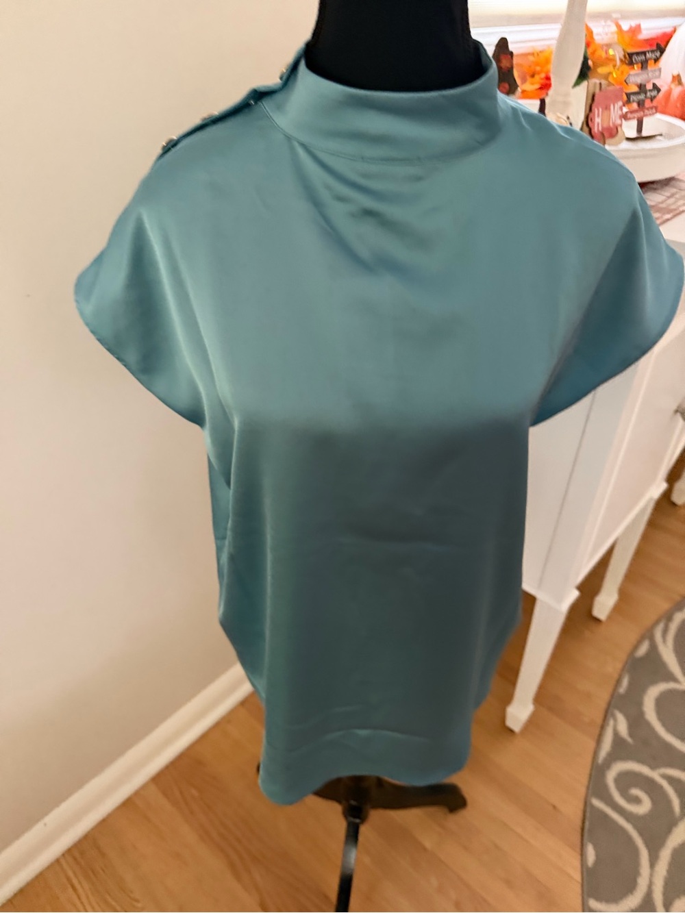 Ann Taylor Teal Satin Mock-Neck Cap Sleeve Top